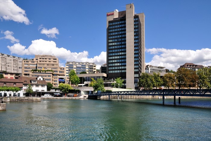 Marriott Hotel building by the river in Zurich, Switzerland
