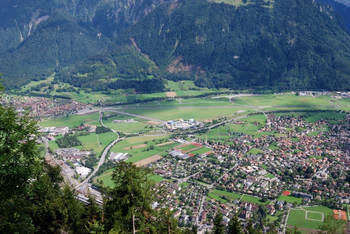 Aerial view of Interlaken, Switzerland with mountains