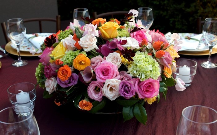 Colorful floral arrangement on a table setting