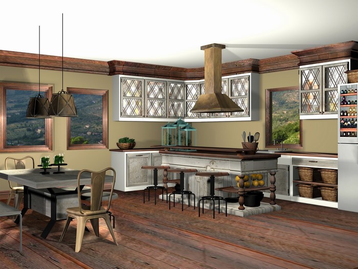 Rustic kitchen with island and dining table