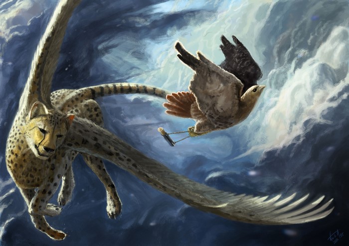 Winged cheetah and falcon flying in clouds