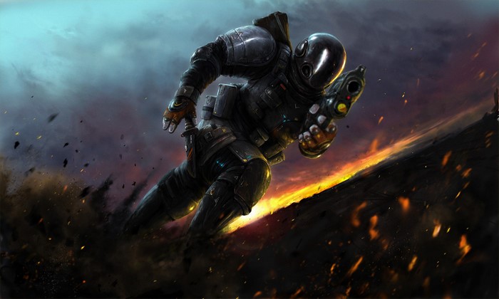 Soldier in black armor running with a gun