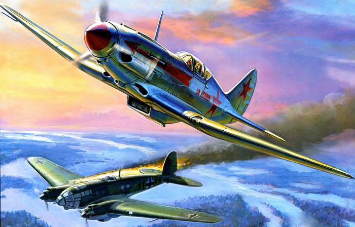 Soviet fighter plane attacking a German bomber