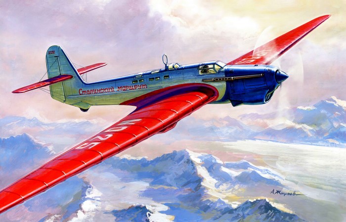 Airplane "Stalinskiy Marshrut" flying over mountains