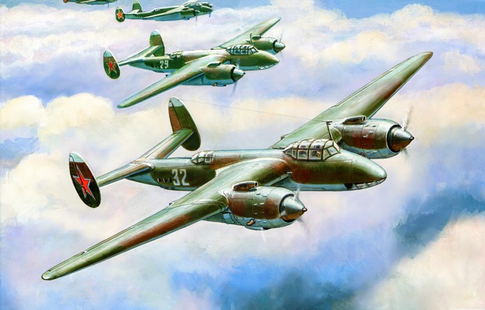Painting of Soviet twin-engine fighter planes flying in formation