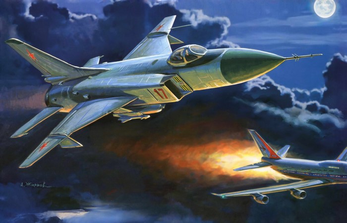 Soviet fighter jet intercepts a Boeing 747 at night