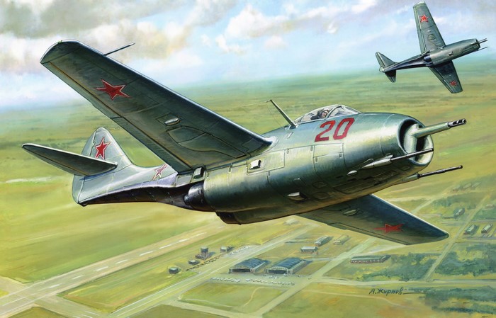 Painting of Soviet Fighter Jets Flying Over Airfield