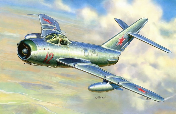 Painting of a Soviet MiG-17 Fighter Jet in Flight