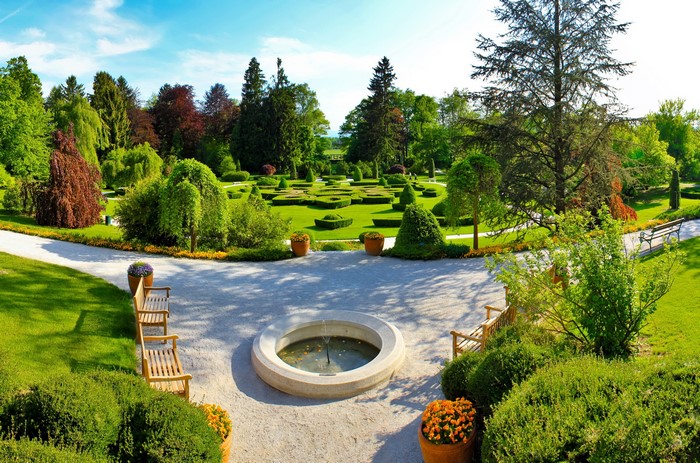 Formal Gardens with Fountain and Benches