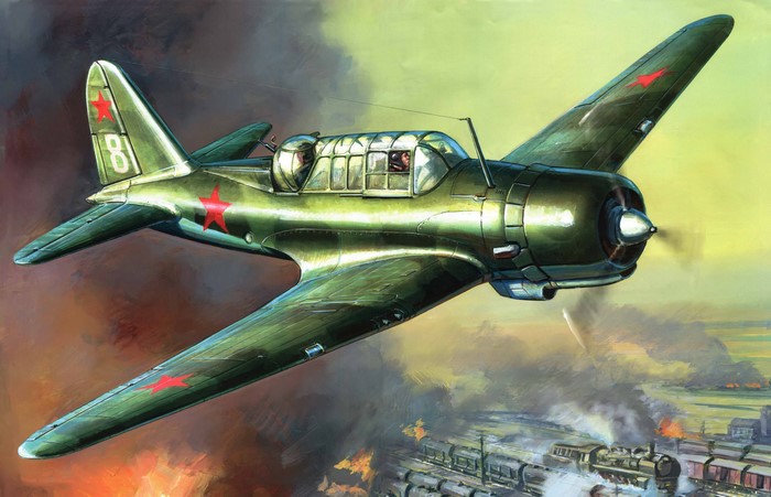 Green Soviet Airplane Attacking Trains