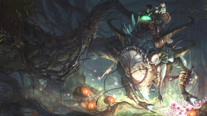 Creature with riders in a dark, enchanted forest