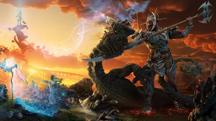 Warrior fighting a dragon with magical creatures
