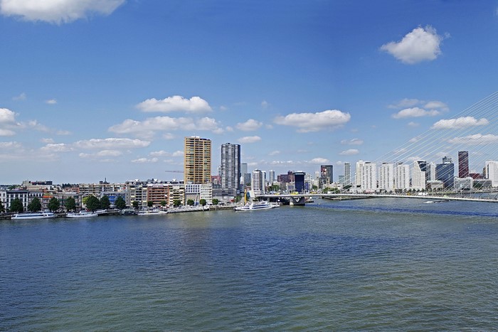 Rotterdam skyline with Erasmus Bridge and Maas River