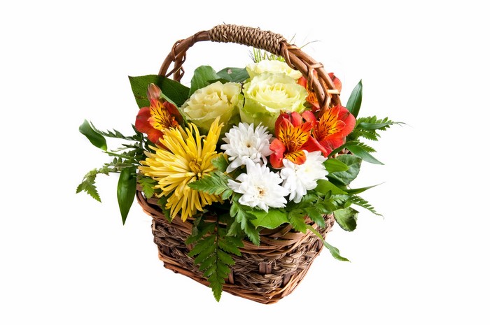 Flower basket arrangement with yellow chrysanthemum and red alstroemeria