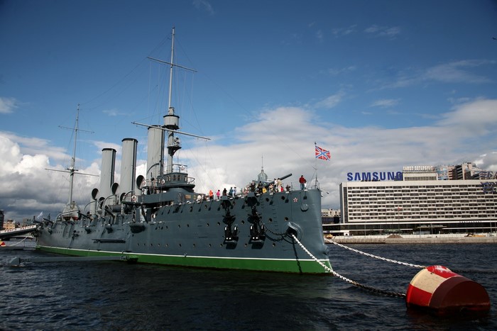 Aurora cruiser ship docked with Samsung building in background