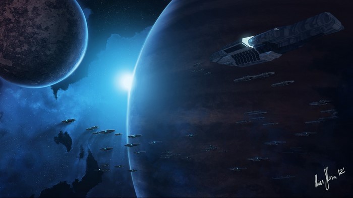 Fleet of spaceships near planets with sun