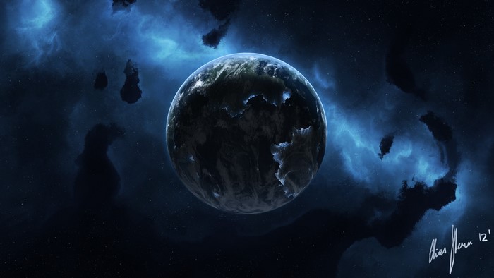 Planet in a blue nebula with asteroids