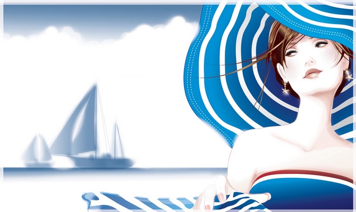 Woman in a blue striped hat and swimsuit on a boat trip