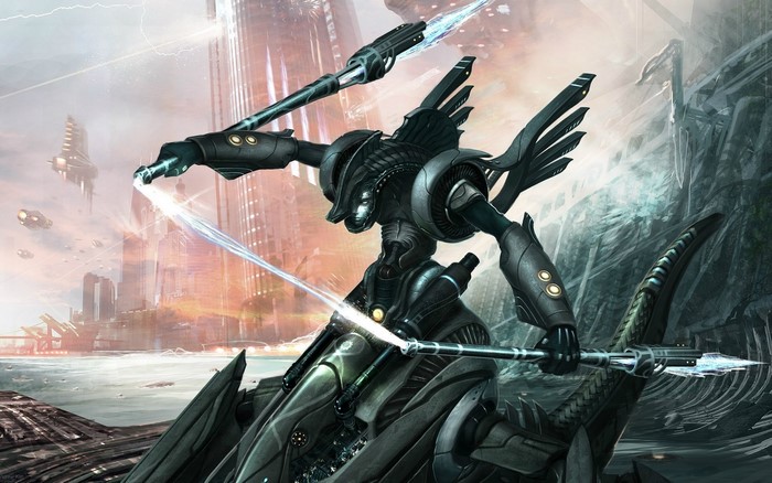 Futuristic robot with energy weapons in a city