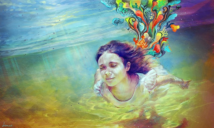 Girl underwater with colorful abstract shapes