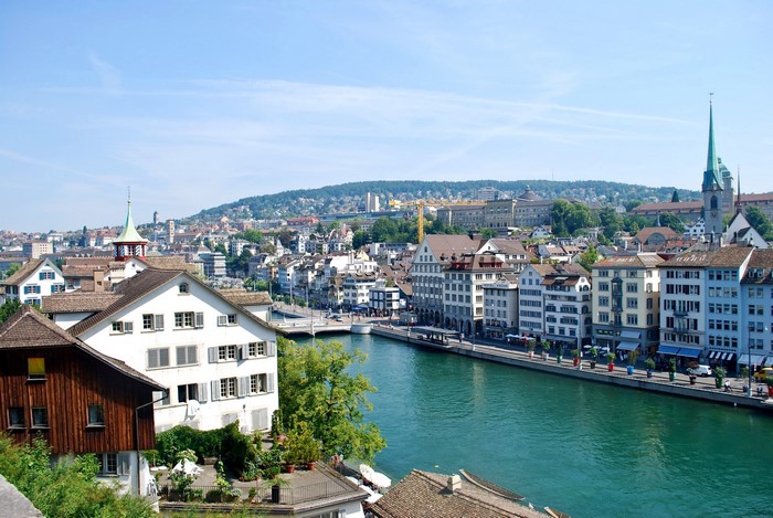 Zurich cityscape with Limmat River and churches