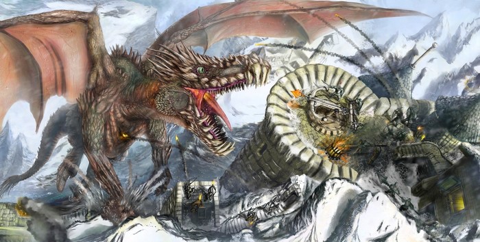 Dragon attacking a castle in the mountains