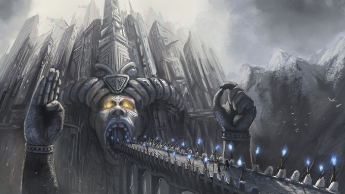 Fantastic world with a giant stone face entrance