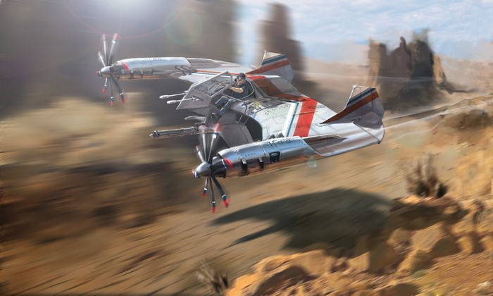 Fantasy aircraft flying over a desert landscape