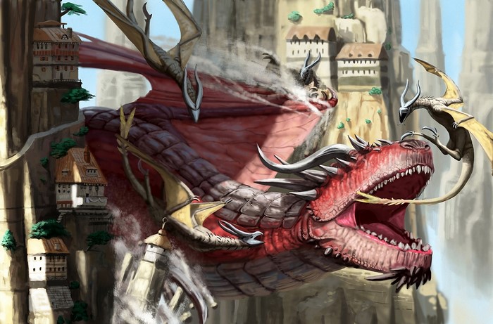 Dragons flying near cliffside village