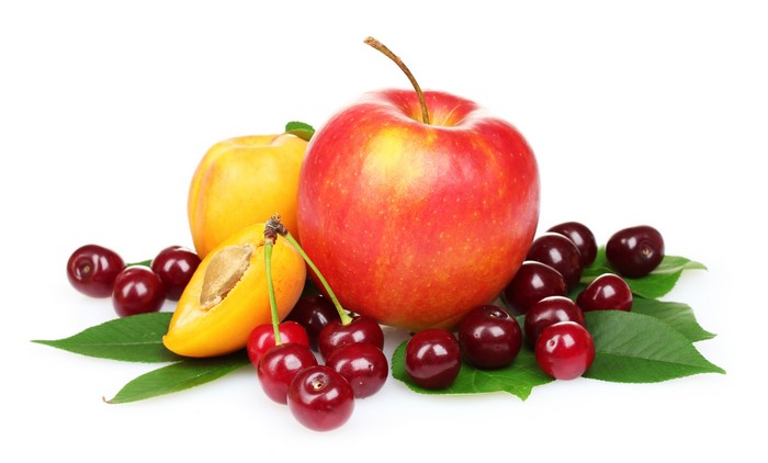 Apple, Apricot, and Cherries with Leaves