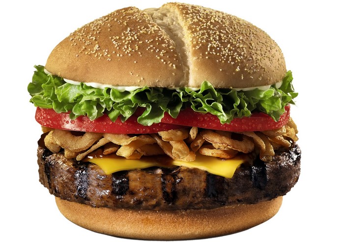 Hamburger with lettuce, tomato, cheese, and fried onions