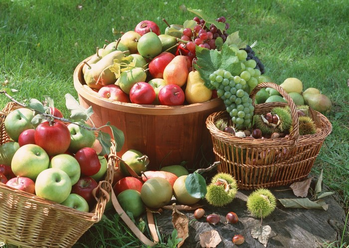 Assortment of fruits and chestnuts in baskets and wooden tub