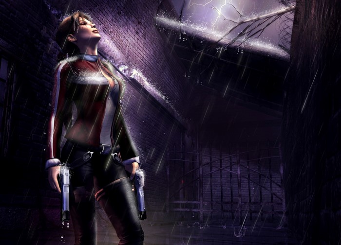Lara Croft from Tomb Raider in the rain
