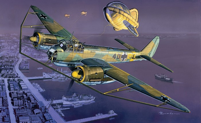 Ju-88 Bomber flying over a city and harbor