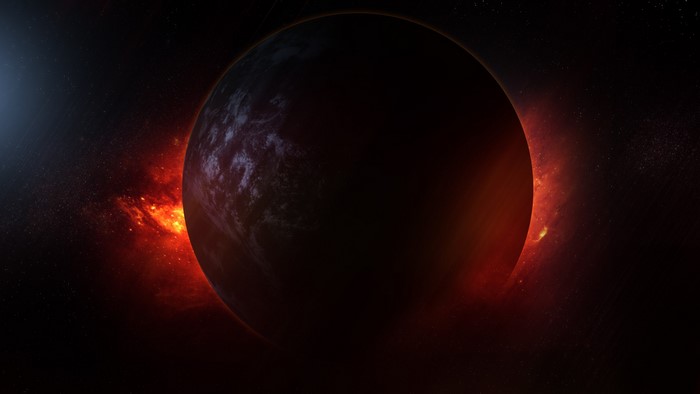 Planet with fiery nebula in space