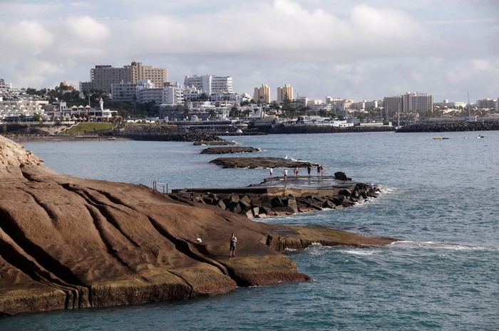 Tenerife Adeje, Spain, Canary Islands coast with buildings