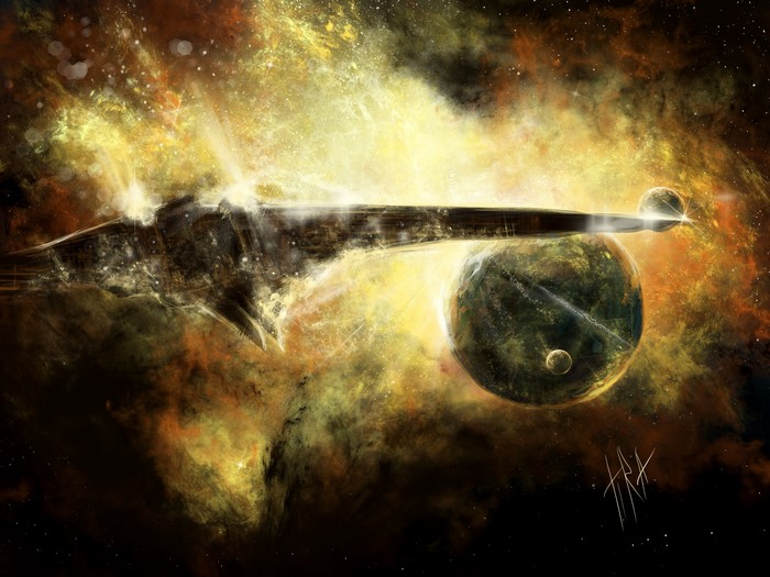 Starship near planets in nebula