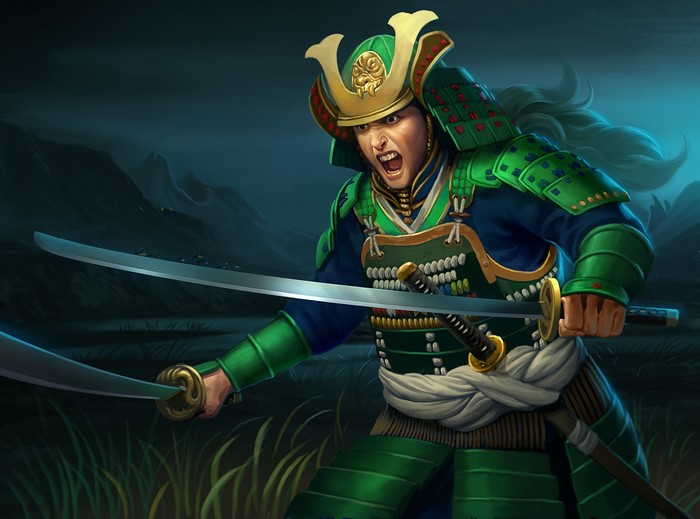 Samurai warrior in green armor with two katanas