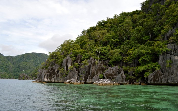 Rocky islands covered in trees in a tropical bay