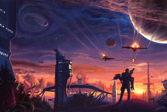 Sci-fi battle with spaceships and warriors