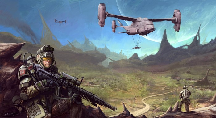 Soldiers and aircraft on an alien planet