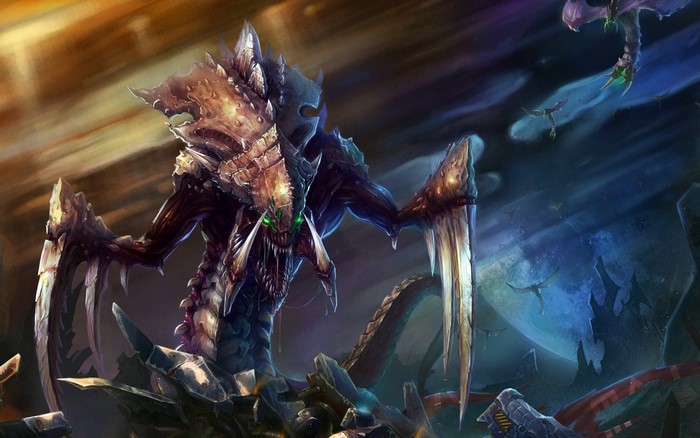 StarCraft Zerg creature with flying creatures in background
