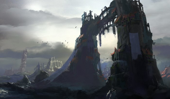 Ruined fantasy city with a large stone archway