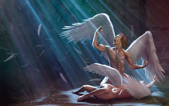 Two angels fighting with feathers falling