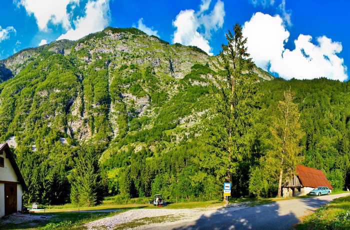 Mountains with trees and buildings