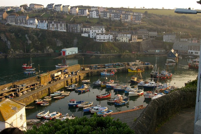 Boats in a harbor with houses on a hill in Cornwall, United Kingdom