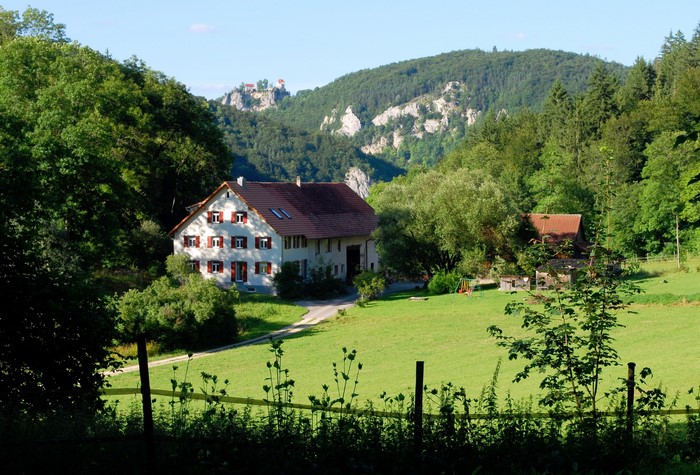 Houses in a German landscape with a castle on a hill