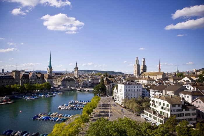 Zurich, Switzerland cityscape with river and churches