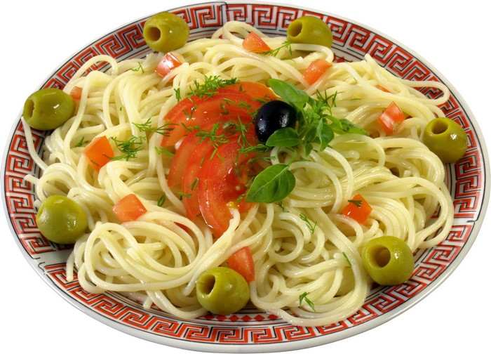 Spaghetti with tomatoes, olives, and herbs on a plate