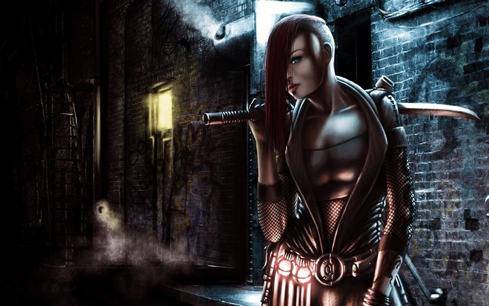 Female warrior with sword in alley